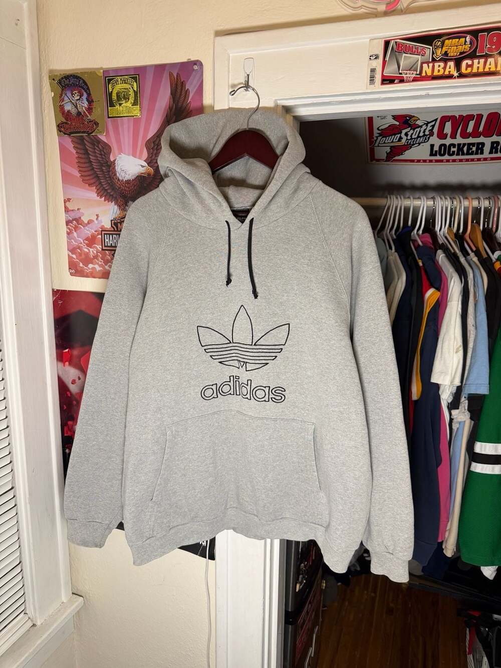 Vintage 90s Adidas Trefoil Logo Grey Hoodie Sweatshirt Size XL